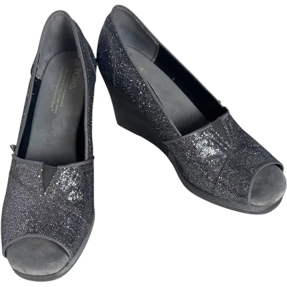 Toms Pewter Embellished Glitters Peep Toe Wedge Pumps Silver Women's Size 6.5